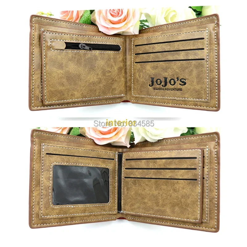 Anime JoJo Bizarre Adventure Khaki Men's Bifold PU Synthetic Wallet Cool Kujo Jotaro Coin Purse Money Clip